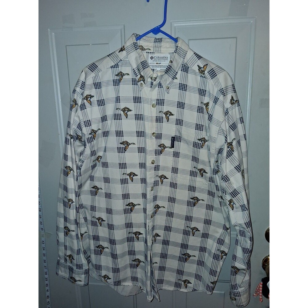 Columbia Men's M White Blue Plaid Cotton Button-Down Shirt Pockets Duck Print